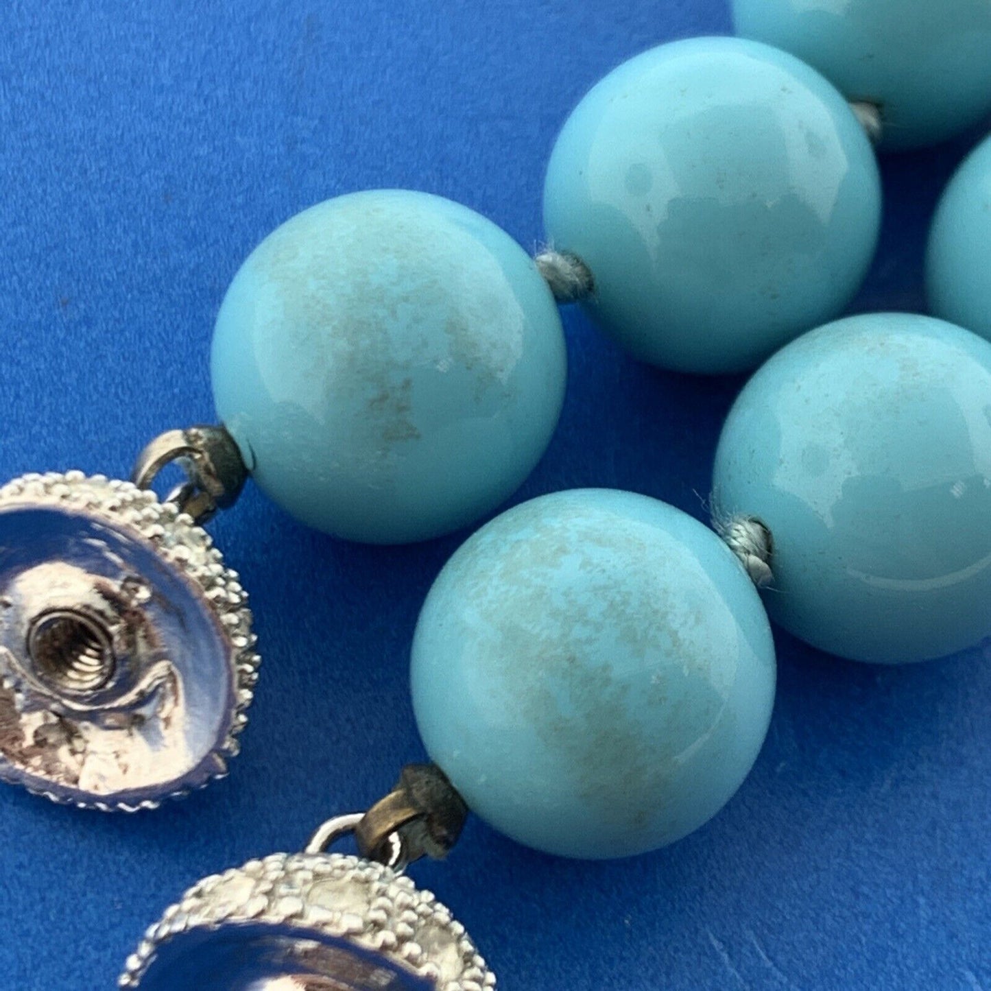 Silver Tone Rhinestone Aqua Enamel Round Bead Statement Choker Necklace