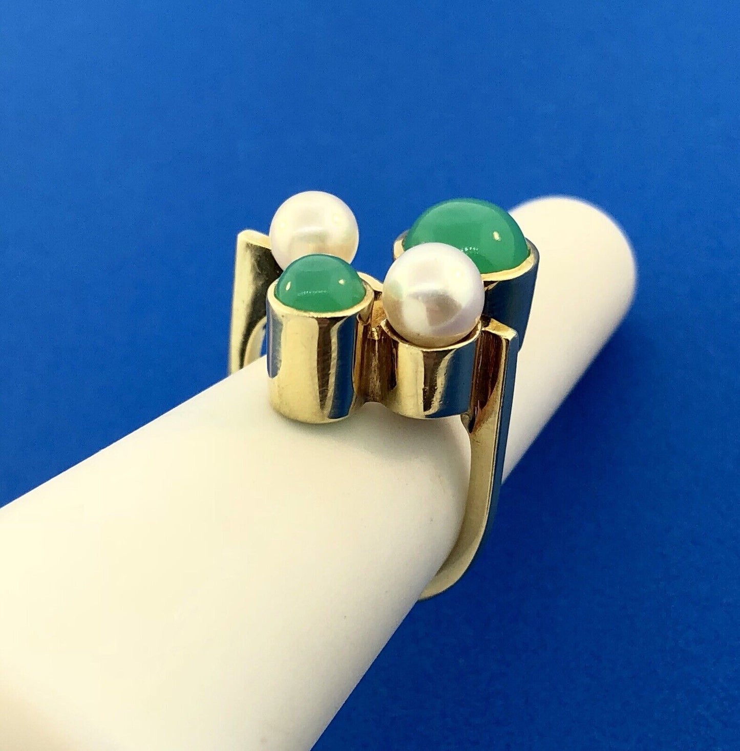 Retro 14K Germany Pearl Tourmaline Modernist Abstract Free Form Cocktail Ring
