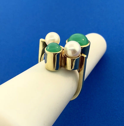 Retro 14K Germany Pearl Tourmaline Modernist Abstract Free Form Cocktail Ring