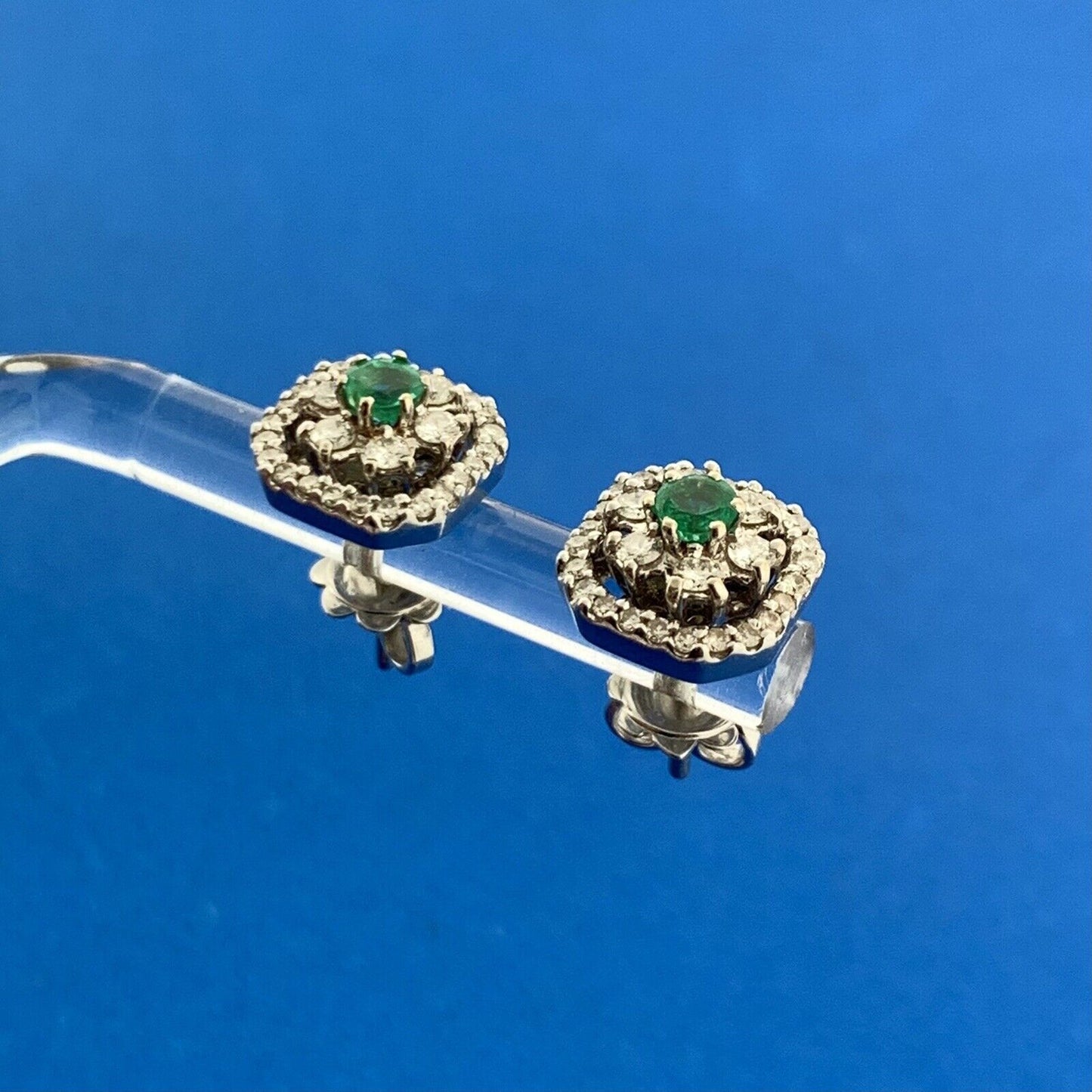 18K White Gold Diamond Emerald Floral Cluster May Occasion Stud Earrings