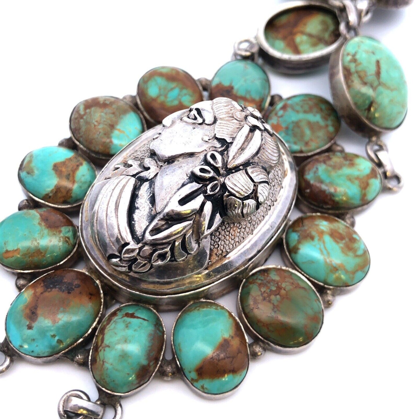 Vintage Native American 925 Sterling Silver Green Turquoise Statement Necklace