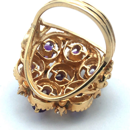Vintage 14K Yellow Gold Amethyst Diamond Statement Anniversary Cocktail Ring