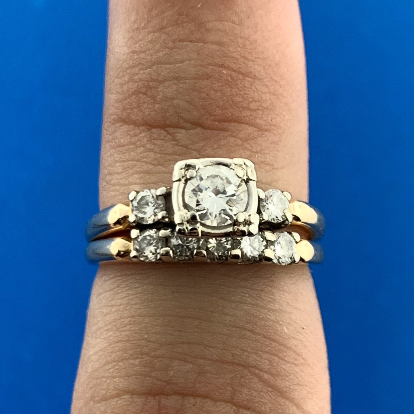 Vintage 14k Yellow Gold Round Cut Diamond Wedding Band Set Ring Size 4.75
