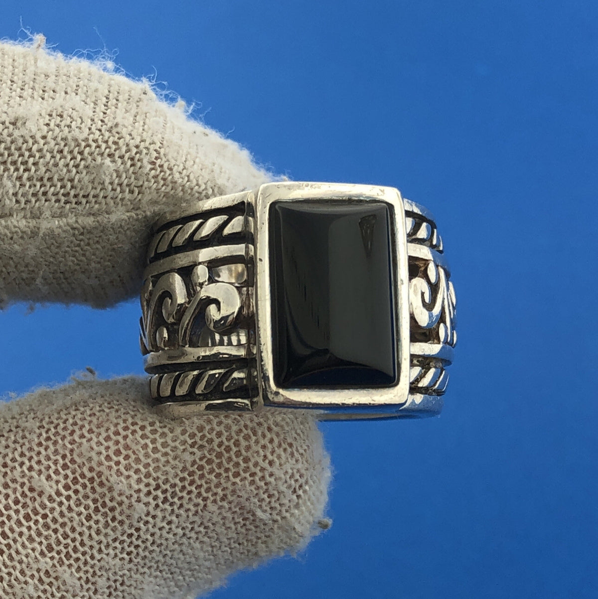 SILPADA Black Onyx Filigree Scroll Sterling Silver Wide Band Statement Ring