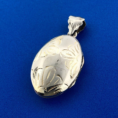 Vintage 925 Sterling Silver Two Toned Floral Etched Oval Locket Pendant