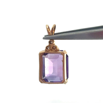 Vintage Designer 14K Yellow Gold Emerald Cut Amethyst Diamond Accent Pendant