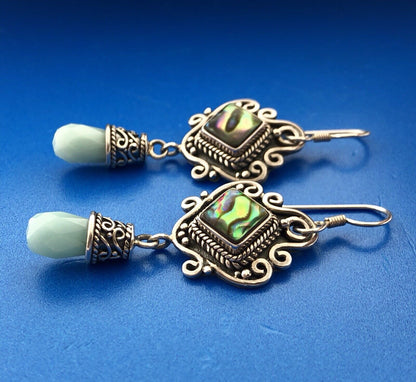 BA Suarti Sterling Silver 925 Abalone Aventurine Statement Drop Dangle Earrings