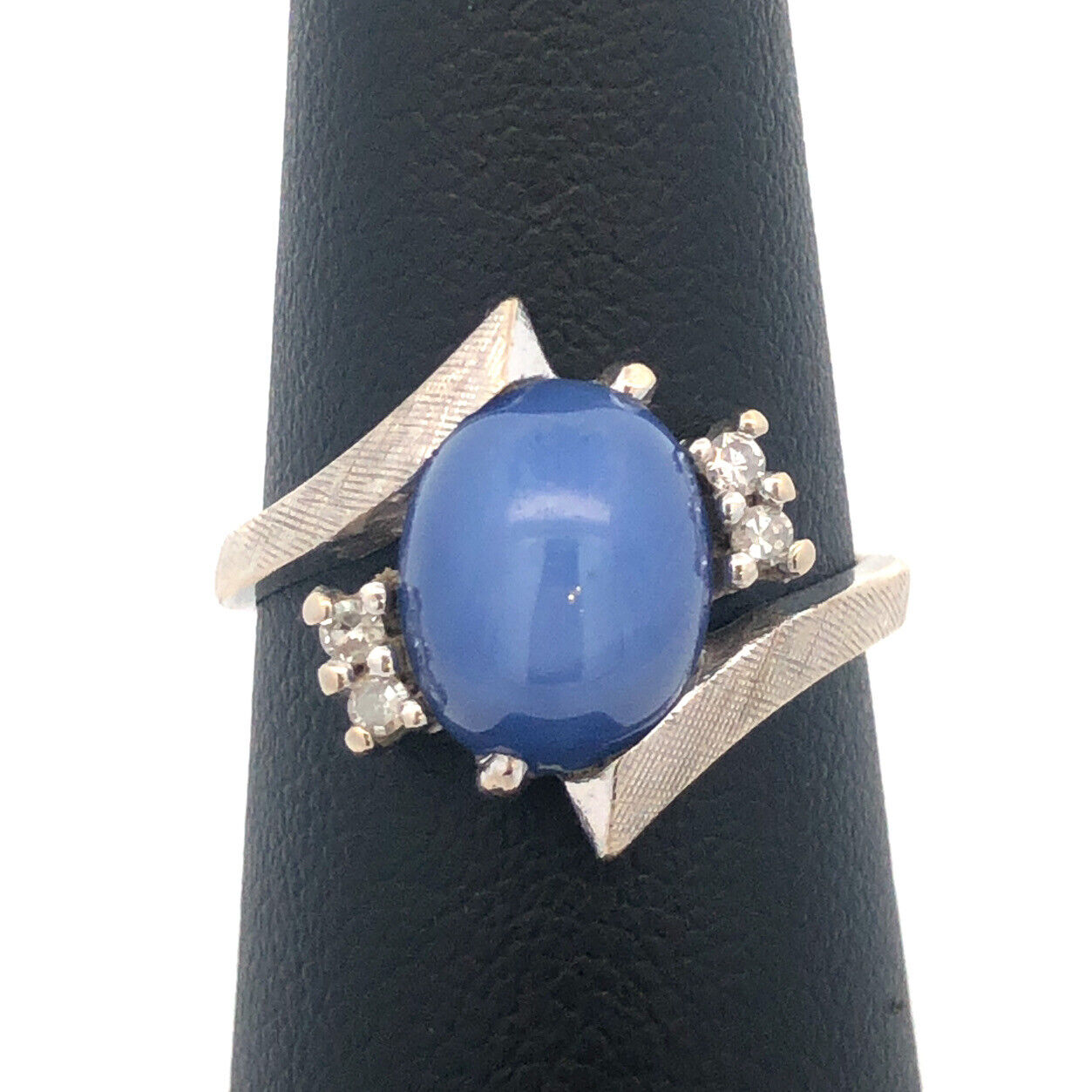 Mid Century Modern 14K White Gold Blue Star Sapphire Diamond Cocktail Ring
