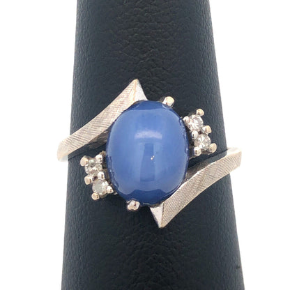 Mid Century Modern 14K White Gold Blue Star Sapphire Diamond Cocktail Ring