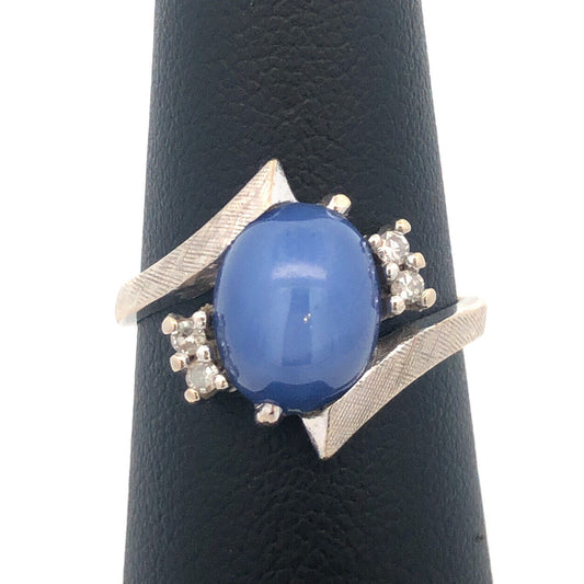 Mid Century Modern 14K White Gold Blue Star Sapphire Diamond Cocktail Ring