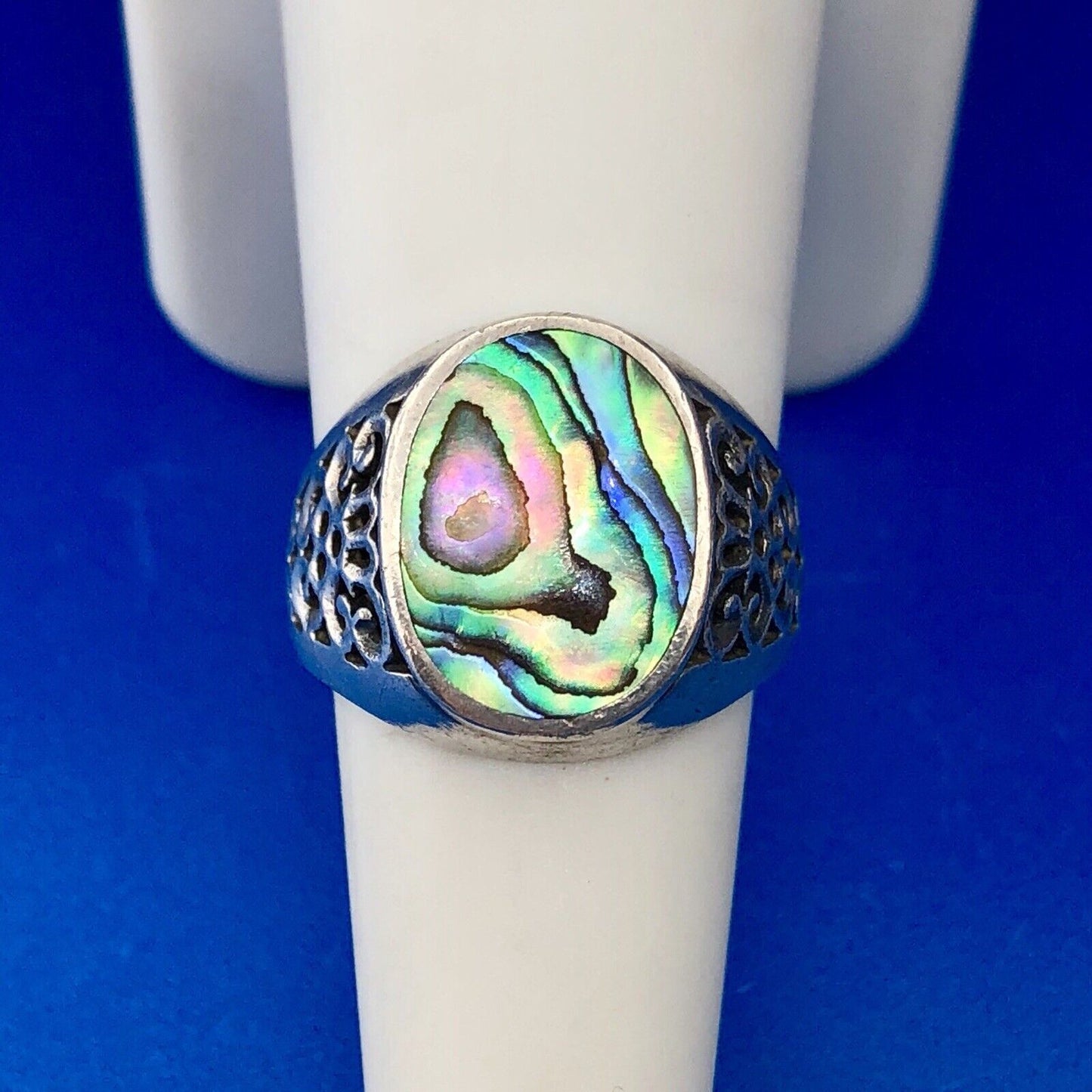 Designer NF 925 Sterling Silver Abalone Shell Cabochon Open Scroll Dome Ring