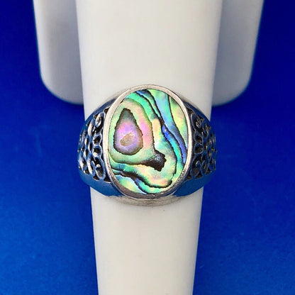 Designer NF 925 Sterling Silver Abalone Shell Cabochon Open Scroll Dome Ring