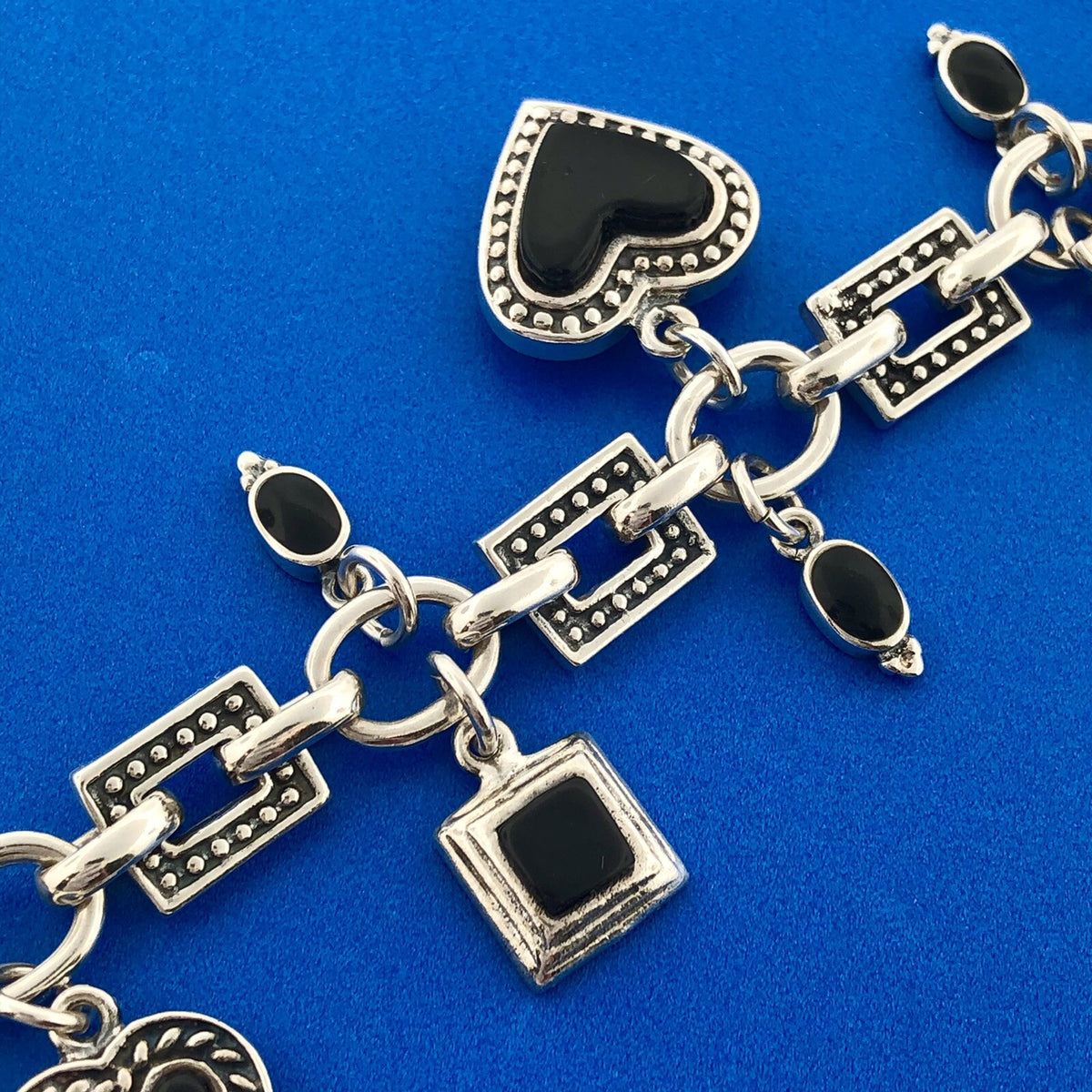 Vintage Mexico 925 Sterling Silver Black Onyx Heart Cross Toggle Charm Bracelet