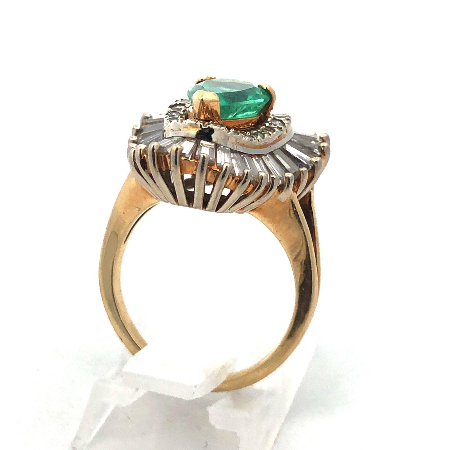 Vintage 14K Yellow Gold Pear Emerald Double Diamond Halo Statement Cocktail Ring