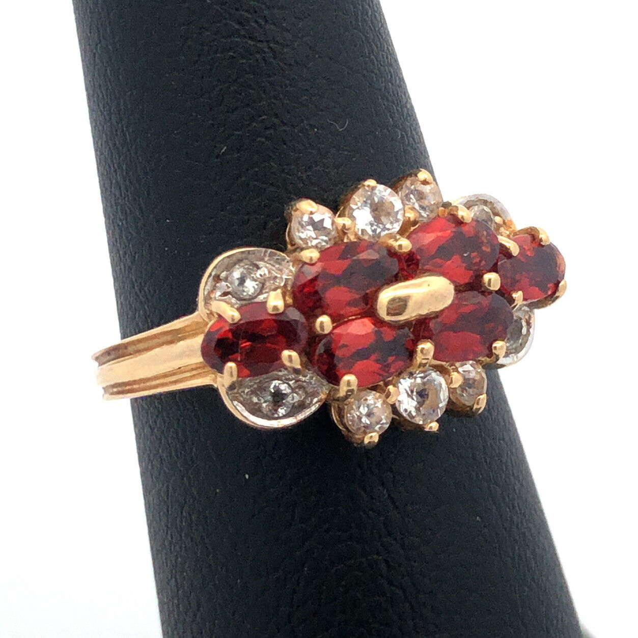 Designer 14K Yellow Gold Oval Garnet Diamond Cluster Cocktail Ring
