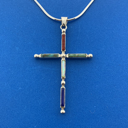 Lovely Sterling Silver 925 Multi-Stone Religious Faith Cross 20" Chain Necklace