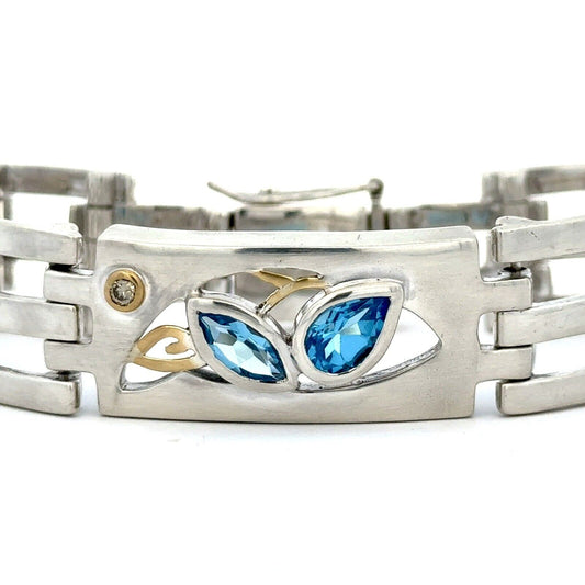 Unisex 18K Yellow Gold Sterling Silver Blue Topaz Diamond Modernist Bracelet