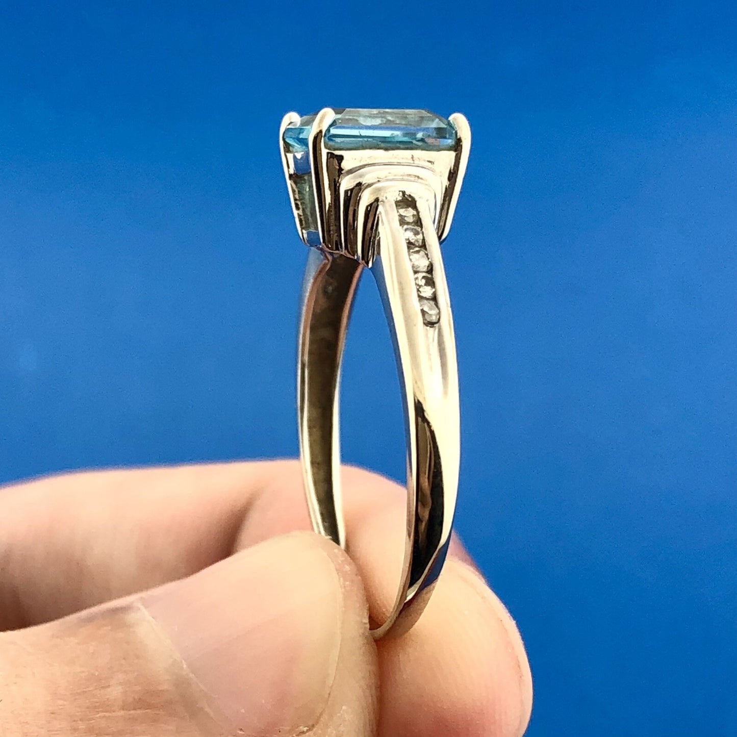 14K White Gold Rectangular Blue Topaz Diamond December Anniversary Cocktail Ring