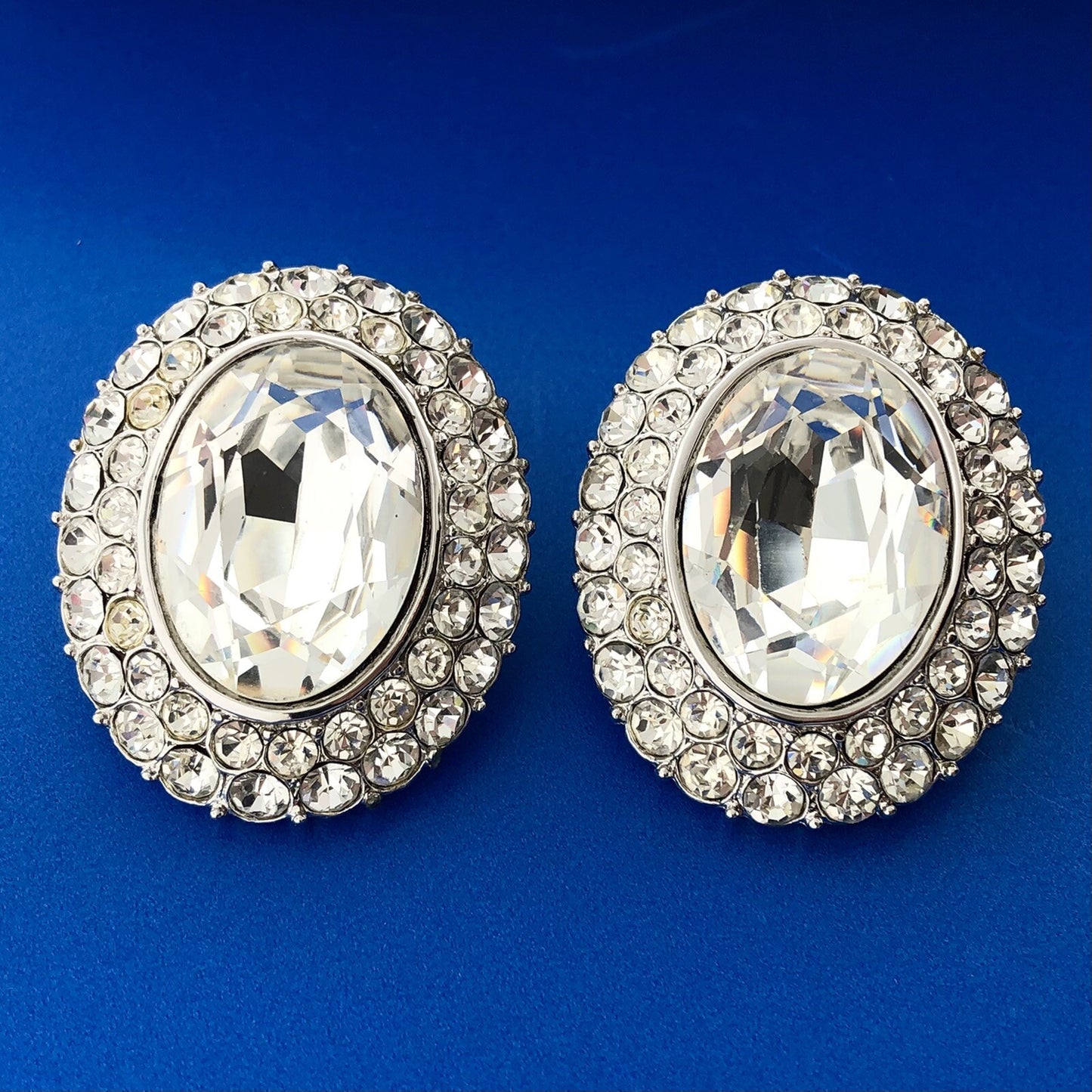 Vintage Yves Saint Laurent Silver Tone Rhinestone Signed Runway Clip Earrings
