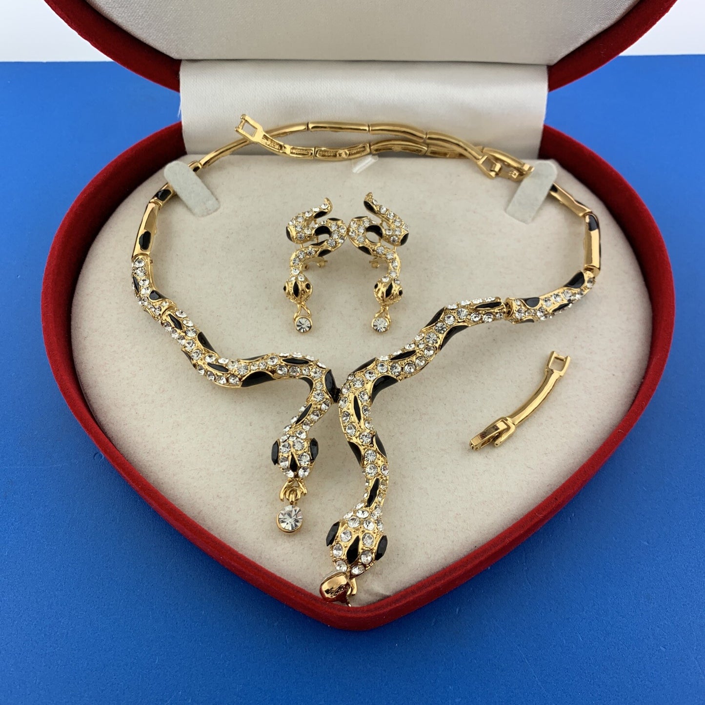 Gold Tone Black Enamel Rhinestone Runway Double Snake Necklace Earrings Set