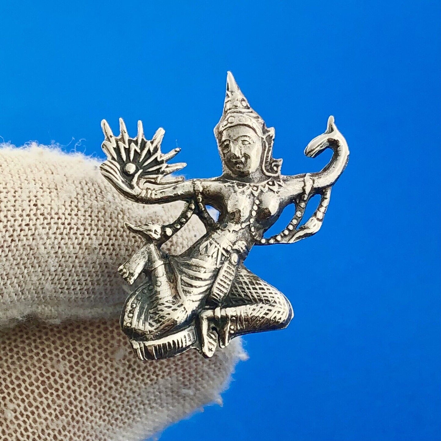 Estate Siam 925 Sterling Silver Dancing Buddha Fan Fertility Clip Earrings