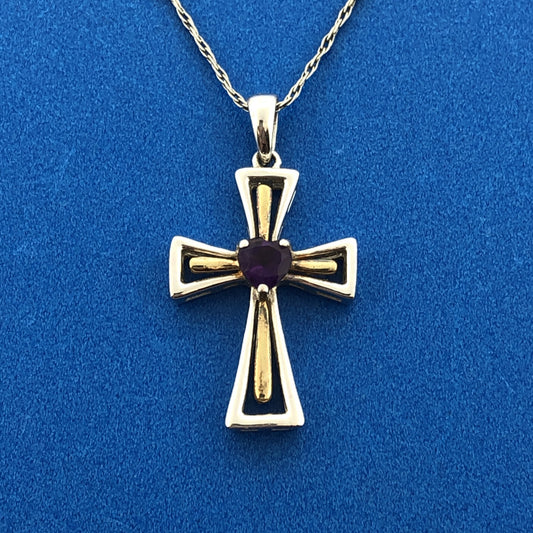 Sterling Silver 925 Amethyst Heart Cross Religious Communion February Necklace