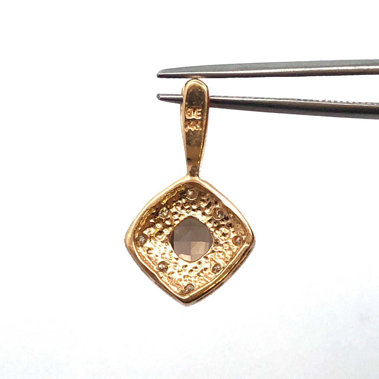 Designer  14K Yellow Gold Cushion Cut Smokey Quartz Diamond Accents Pendant