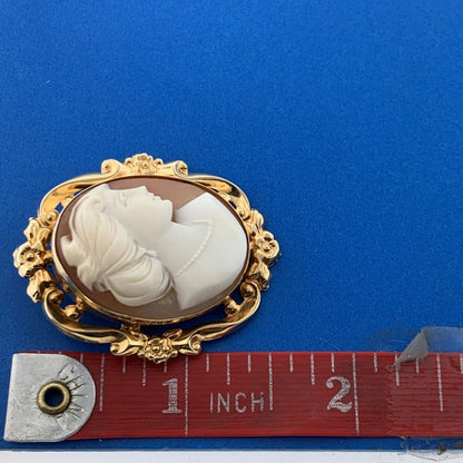 Estate 14K Yellow Gold Carved Cameo Floral Scroll Bezel Pin Brooch Pendant