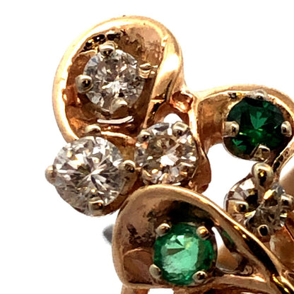 Estate 14K Yellow Gold Round Diamond Emerald Swirl Modernist Cluster Ring