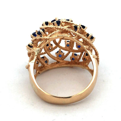 Estate 18K Yellow Gold Blue Sapphire Open Work Harem Cocktail Statement Ring