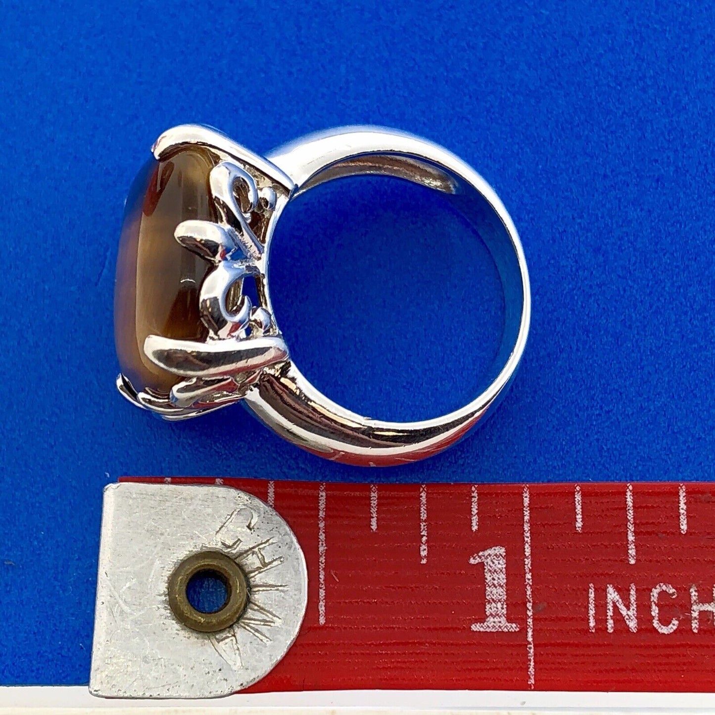 Designer 925 Sterling Silver Square Tigers Eye Fleur De Lis Statement Ring