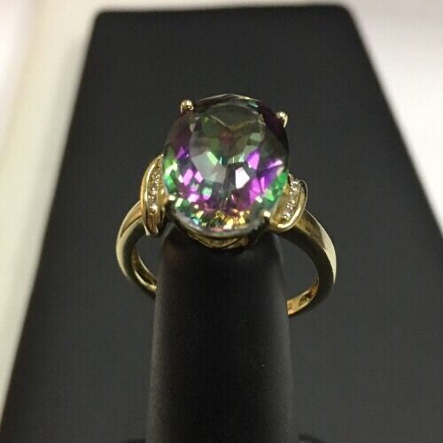 Stunning TJC 14K Yellow Gold Mystic Topaz Diamond Ring Size 6.75