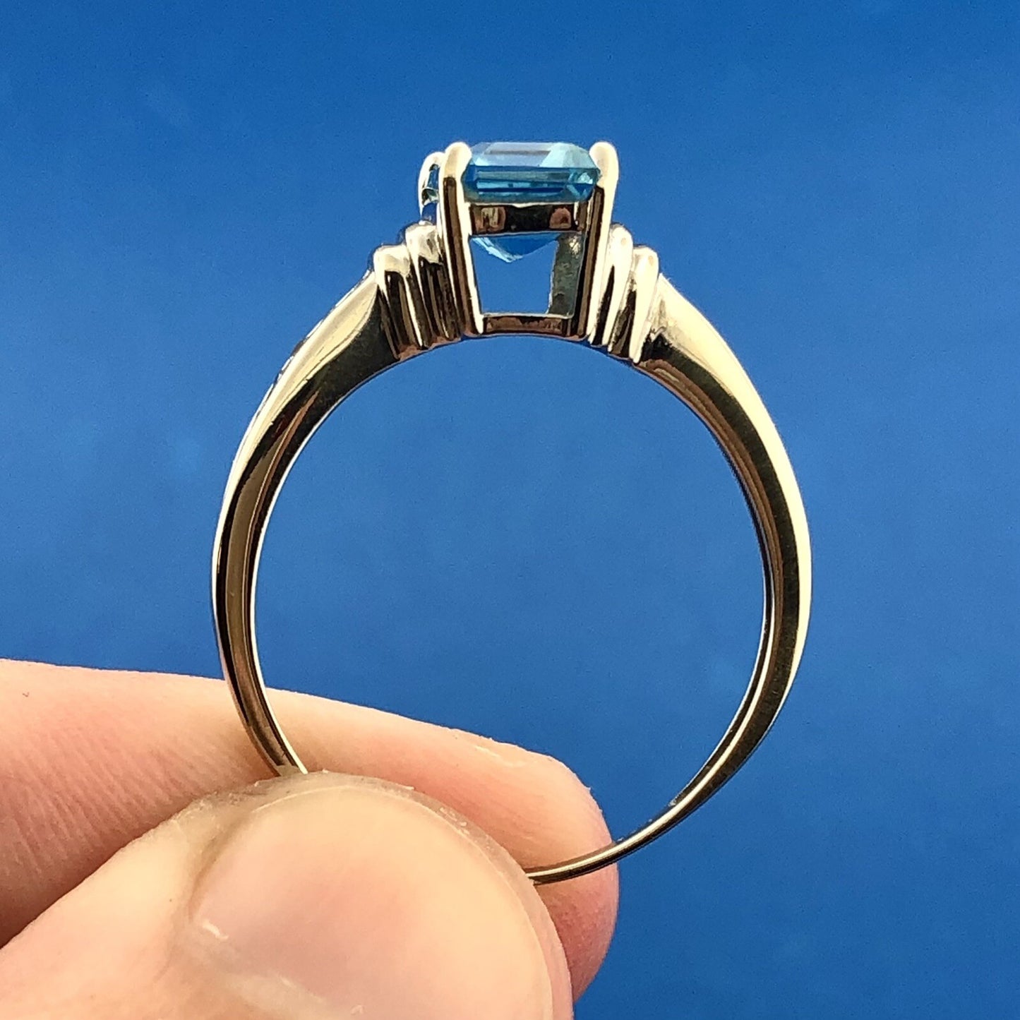 14K White Gold Rectangular Blue Topaz Diamond December Anniversary Cocktail Ring
