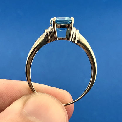 14K White Gold Rectangular Blue Topaz Diamond December Anniversary Cocktail Ring