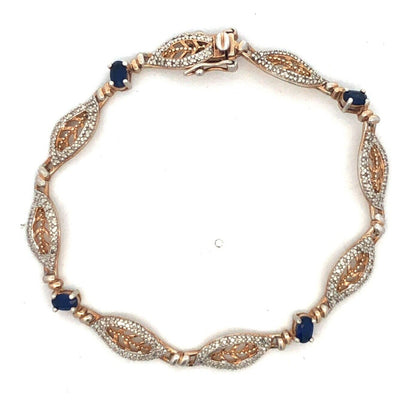 Designer DL 925 Sterling Silver Gold Vermeil Oval Blue CZ Leaves Tennis Bracelet