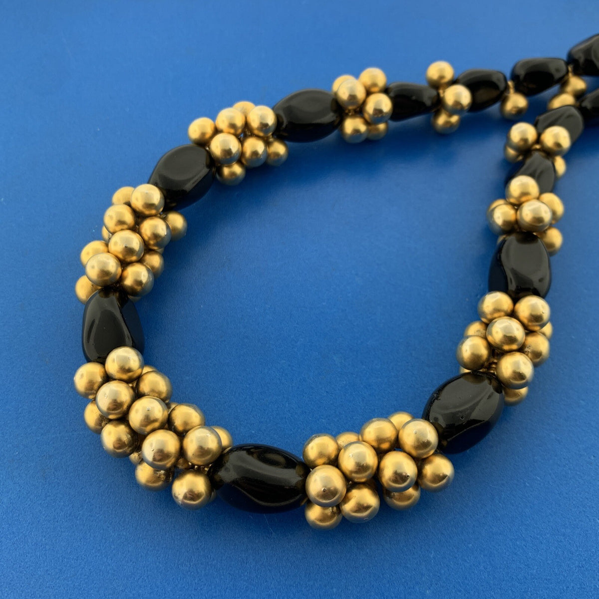 Haute Couture Runway Quality Black Onyx Gold Tone Metal Beads Statement Necklace