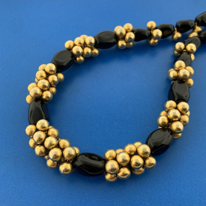 Haute Couture Runway Quality Black Onyx Gold Tone Metal Beads Statement Necklace