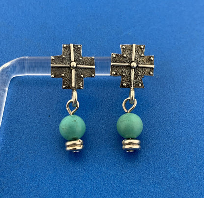 Adorable 925 Sterling Silver Turquoise Bead Cross Dangle Stud Earrings