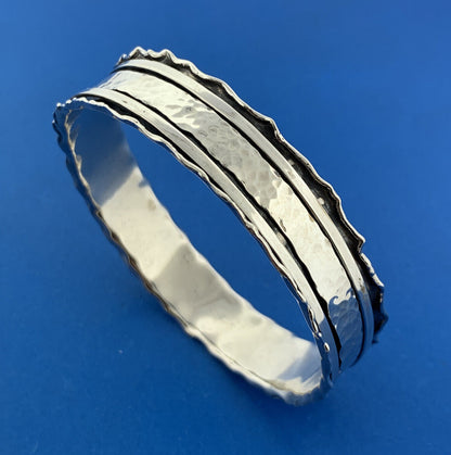 Retro Modernist Artisan 925 Sterling Silver Hammered 3D Spinner Bangle Bracelet