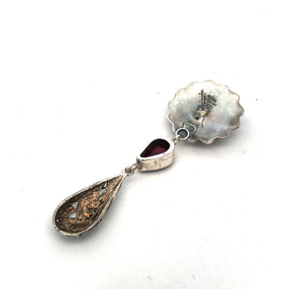 Designer CII Mexico 925 Sterling Silver Pear Ruby Floral Dangle Stud Earrings