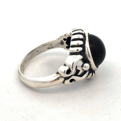 925 Sterling Silver Vintage V-8 Round Cabochon Orange Amber Cocktail Ring