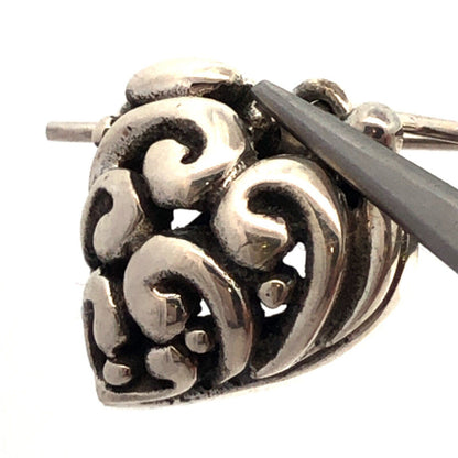 Vintage 925 Sterling Silver Scroll Swirl Puffy Heart Hook Dangle Earrings