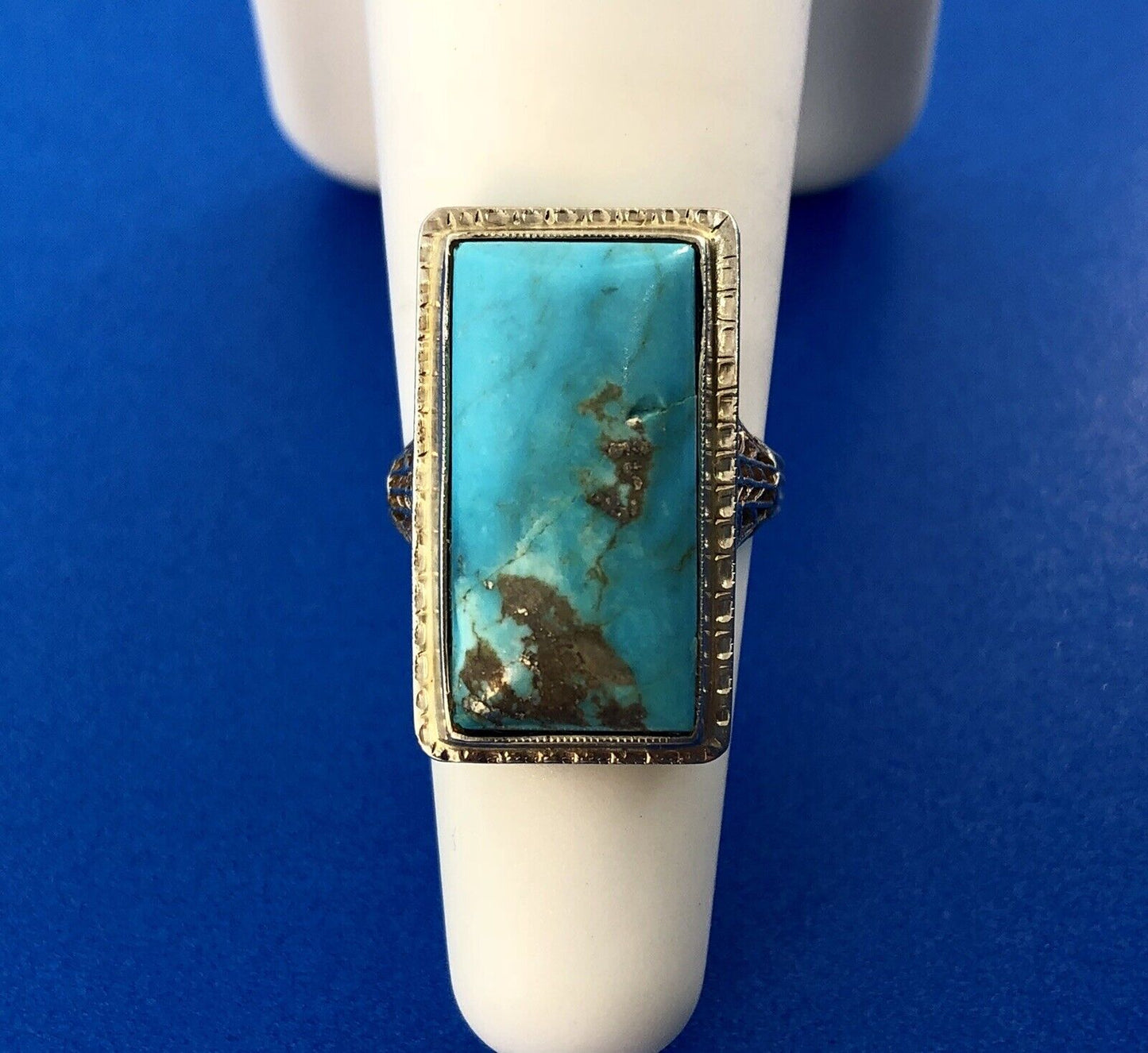 Art Deco Designer G & Co 14K White Gold Turquoise Filigree Statement Dinner Ring