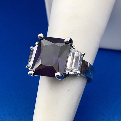 Dramatic Sterling Silver 925 Purple White CZ Statement Fashion Cocktail Ring