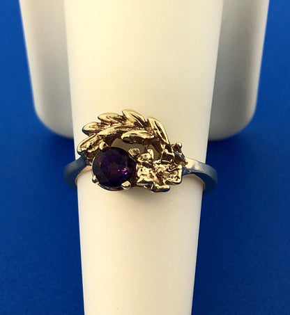 Art Deco 14K Yellow Gold Amethyst Floral Leaf Grecian February Anniversary Ring