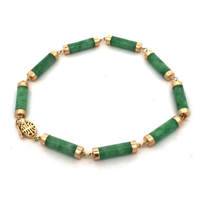 Estate 14K Yellow Gold Green Jade Bar Link Station Bracelet