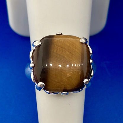 Designer 925 Sterling Silver Square Tigers Eye Fleur De Lis Statement Ring