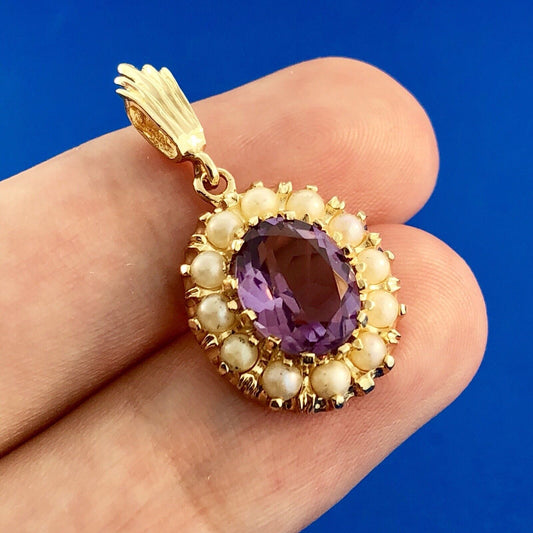 Victorian 14K Yellow Gold Amethyst Seed Pearl Halo February Anniversary Pendant