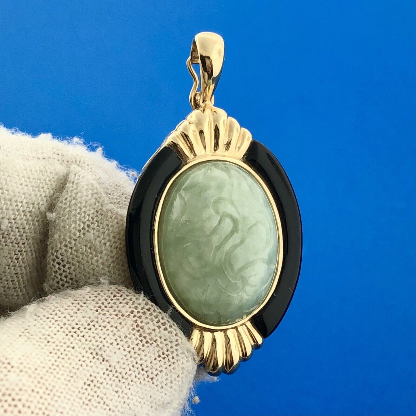 14K Yellow Gold Carved Jade Black Onyx Accented Oval Enhancer Pendant
