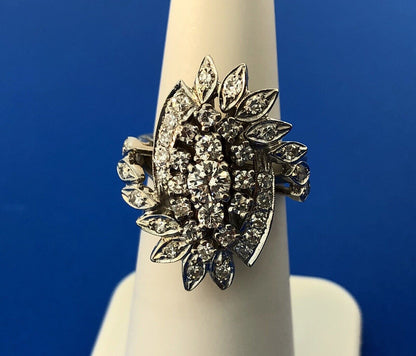 Estate 14K White Gold Diamond Feather Flower Cluster Statement Anniversary Ring